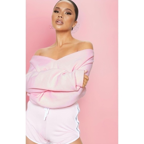 Pretty Little Thing Pastel Light Pink Off The Shoulder Crop Sweatshirt Sz Large - Picture 3 of 11